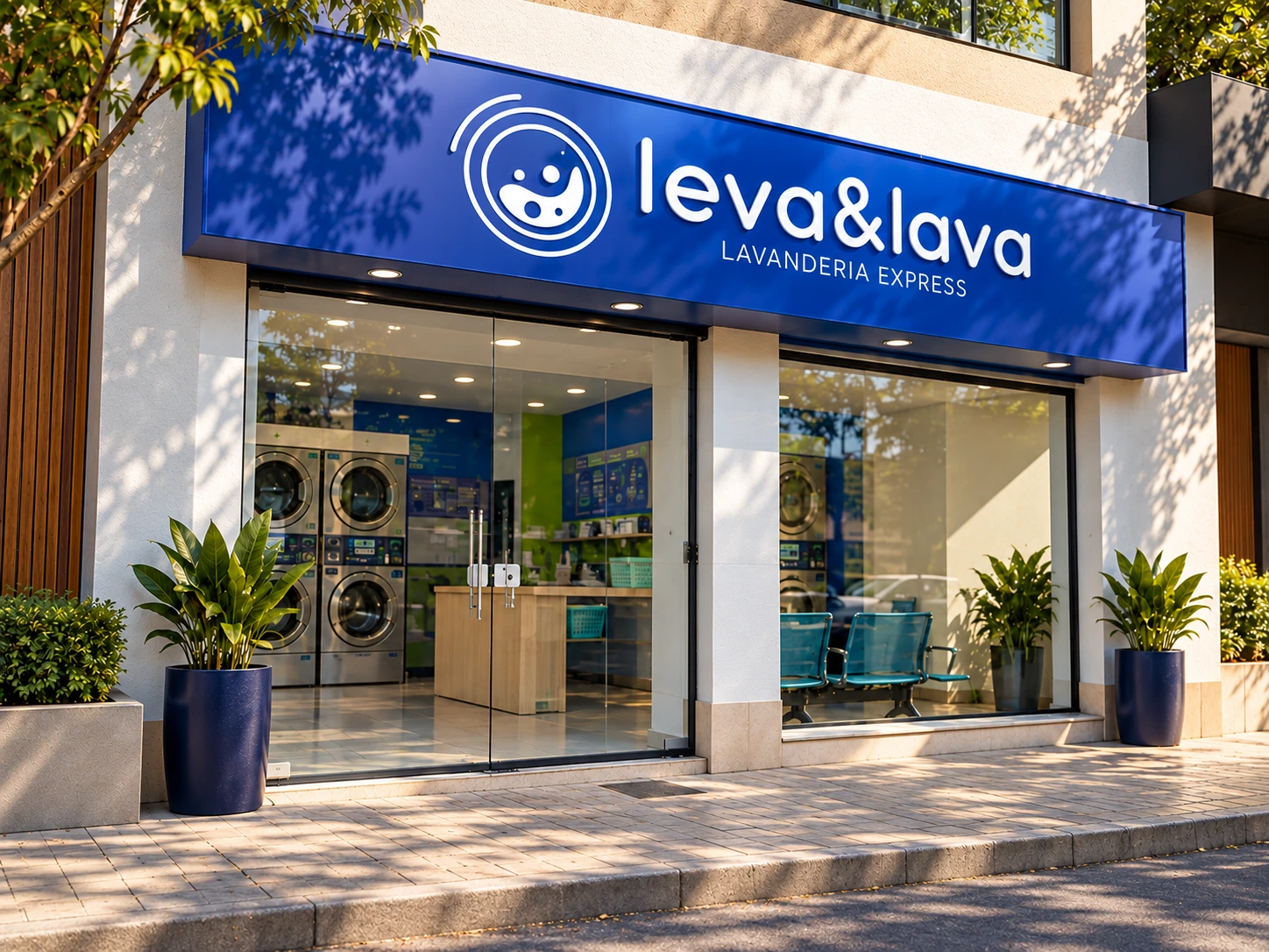 Fachada da Leva & Lava com entrada de vidro e máquinas visíveis no interior — imagem ilustrativa