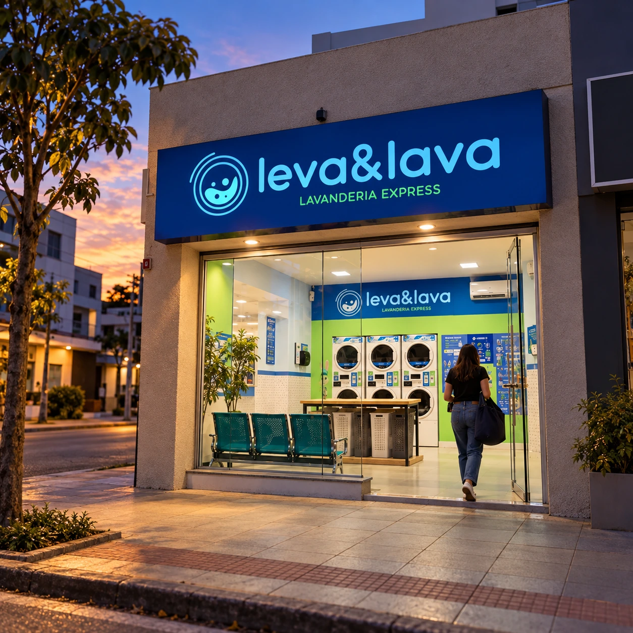 Fachada ilustrativa da Leva & Lava ao entardecer, com interior iluminado e cliente entrando