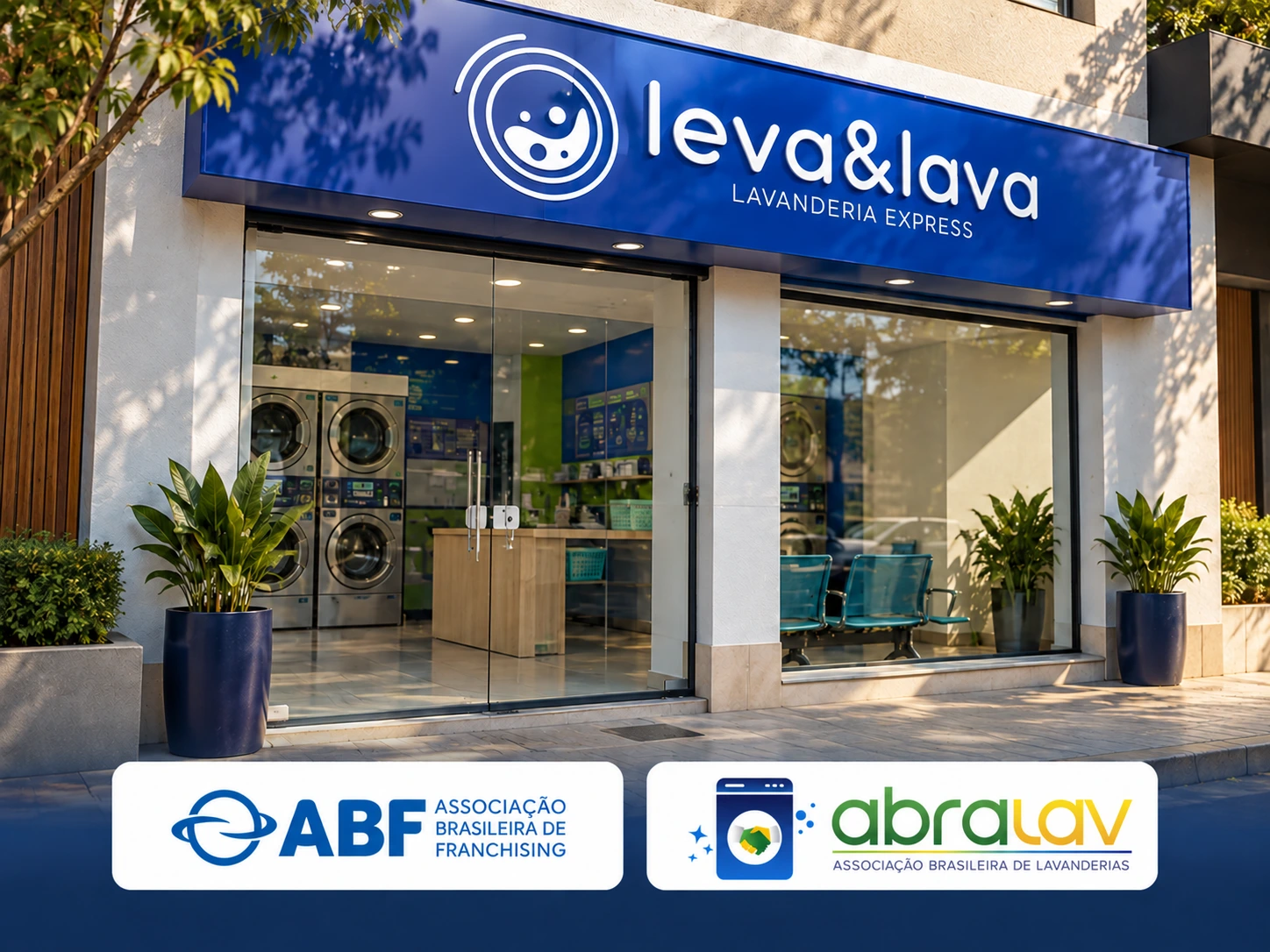 Unidade ilustrativa Leva & Lava com logotipo da marca e logotipos da ABF e da ABRALAV