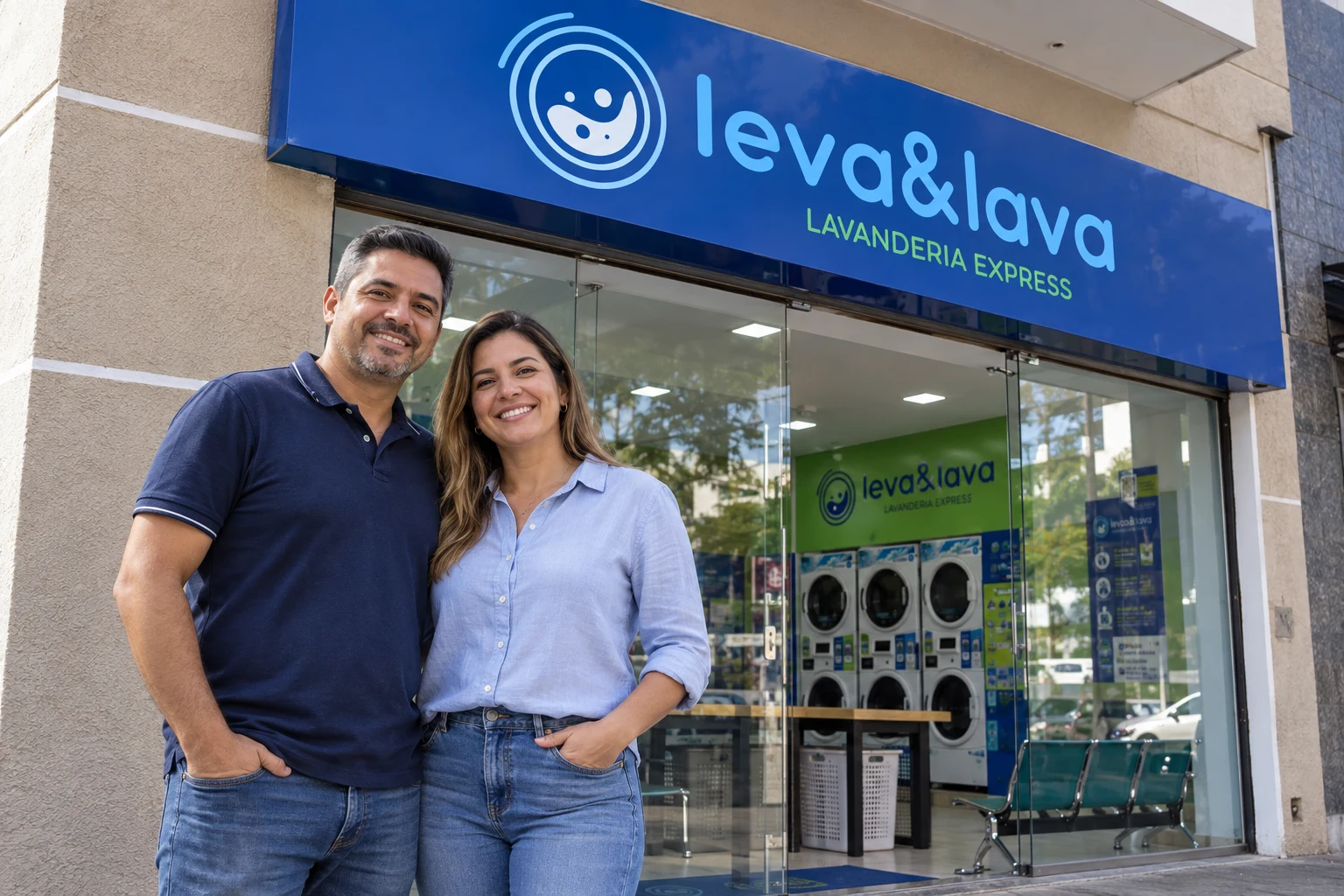 Casal em frente a uma loja Leva & Lava — imagem ilustrativa