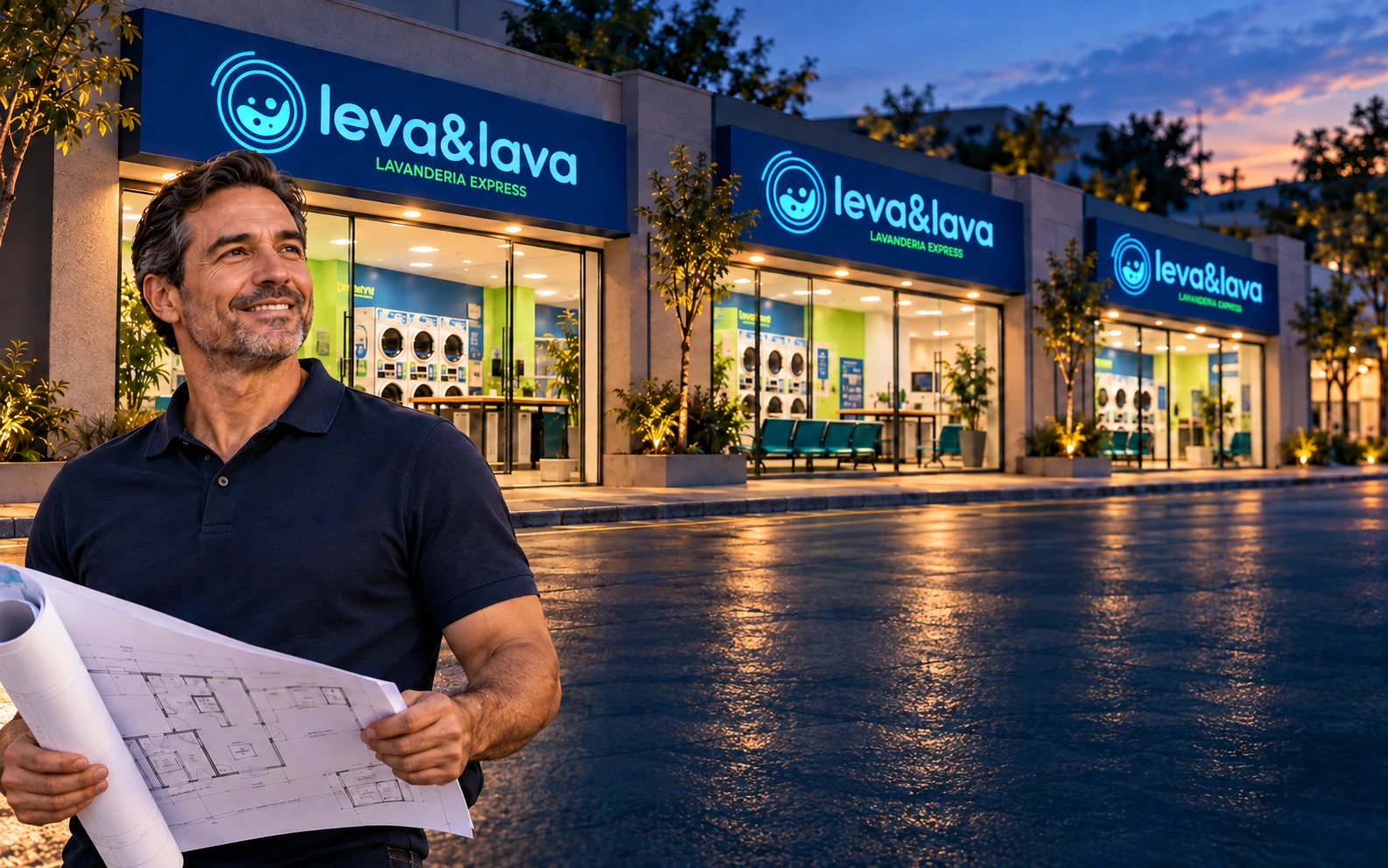 Empreendedor com projeto em mãos diante de unidades Leva & Lava ao entardecer — imagem ilustrativa
